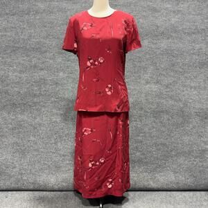 Patrick 2 Piece Skirt Set Womens 10P Red Silk Floral Short Sleeve Top Maxi